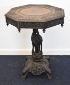 19thC Anglo Indian carved octagonal table with figural animal decoration and supports, diameter 63 x