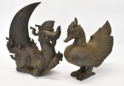 Two Chinese bronze figures comprising a bird and a mythological dragon, tallest 39cm