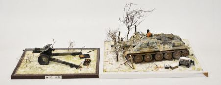 Two WW2 scale model dioramas comprising a 1/35 scale Soviet SU-122 self propelled gun, with crew