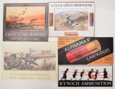 Five shotgun cartridge or powder shop display or advertising cards including Eley-Kynoch and