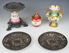 Samuel Allcock serpent handled vase, continental pot pourri with Cupid decoration, porcelain and