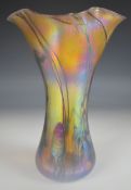 John Ditchfield for Glasform signed iridescent studio / art glass flared yellow vase with trailing