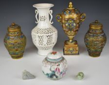 Pair of Chinese cloisonné covered vases, ginger jar, jade figure, Japanese covered urn etc,