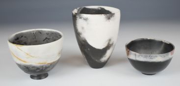Karin Hessenberg three studio pottery pedestal bowls, one with impressed leaf mark possibly by a