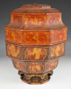 Chinese late 19th/20thC pedestal octagonal tiffin style container with carved figural decoration,