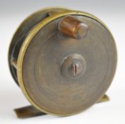 G Little 19thC brass fishing reel with horn handle, engraved with maker's name name and address