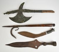 Indian African axe, pike, kukri and push dagger, longest 56cm. PLEASE NOTE: WE ARE NOT ABLE TO OFFER