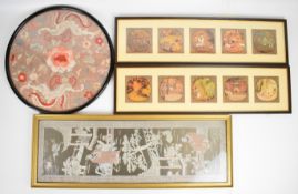 19thC Chinese embroidered circular panel, two framed paintings on rice paper and another panel