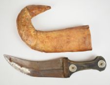 19th/20thC Gulf States / Emirates horn handled jambiya in leather scabbard, L33cm. PLEASE NOTE: WE