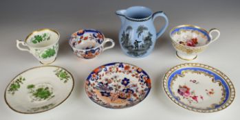 Three interior decorated cups and saucers,  together with a Davenport transfer ware jug, tallest