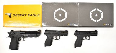 Three air or airsoft pistols comprising Magnum Research Desert Eagle L6 Black .177 CO2 air pistol