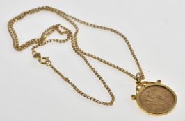 1902 gold half sovereign with Sydney mint mark in 9ct gold pendant, on 9ct gold chain, 8g, 50cm
