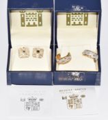 A pair of Royal Mint 9ct gold earrings with DNA inspired design (4.4g) and a pair of silver earrings