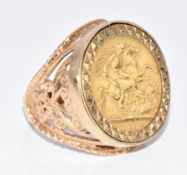 A 9ct gold ring set with a 1898 half sovereign, 8.8g, size M