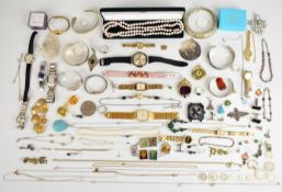 A collection of jewellery including Art Deco necklace, earrings, watches, freshwater pearl necklace,
