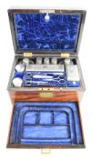 Victorian rosewood and brass cased travelling case, with campaign style handles and jewellery drawer