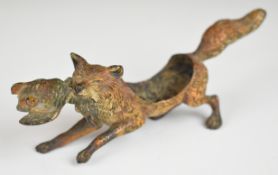 19th/20thC cold painted bronze fox carrying a pheasant, originally for a pin cushion, L13cm