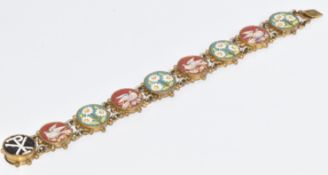 Micro mosaic bracelet made up of circular panels depicting birds and flowers, the clasp with Chi Rho