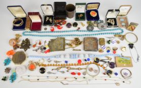 A collection of costume jewellery including silver plated cigarette case 'R Caton Woodville 1899',