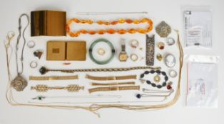 A collection of jewellery including two gold filled necklaces, Pygmalion and Stratton compacts,