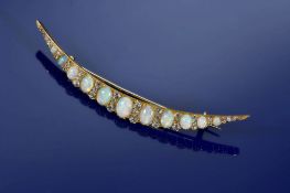 Victorian / Edwardian 18ct gold crescent brooch set with opal cabochons and old cut diamonds, the
