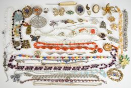 A collection of jewellery including diamanté necklace, coral earrings, brooches including vintage,