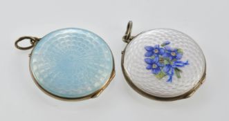 Two Norwegian silver lockets set with guilloché enamel, marked MH to bail for Marius Hammer, 34g,