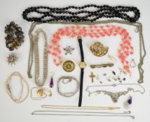 A collection of jewellery including French jet beads, Capri brooch, 9ct gold cased watch, vintage