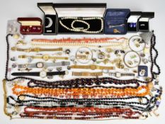 A collection of jewellery including rolled gold curb link bracelet, Kit Heath silver ring, necklaces