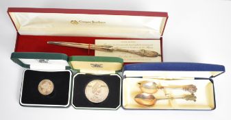 Royal Mint National Trust hallmarked silver medallion, similar pin badge, hallmarked silver 1977