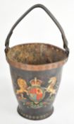 19thC riveted leather cordite or fire bucket with royal coat of arms and leather loop handle,