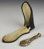 19thC carved glass scent / perfume bottle with white metal hinged lid and applied decoration, H11cm