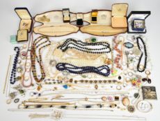 A collection of jewellery including 9ct gold back and front locket, brooches including micro mosaic,