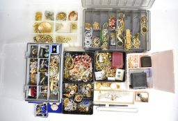 A collection of jewellery including vintage earrings, Empire bracelet, diamanté earrings and