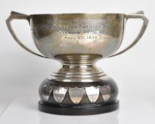 Large hallmarked silver twin handled trophy cup or bowl, engraved for the Cotswold Point to Point