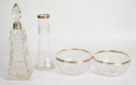 Hallmarked silver mounted cut glass items comprising a pair of bowls, perfume or similar bottle