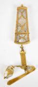19thC gilt metal and engraved mother of pearl chatelaine with etui or necessaire containing mother