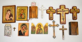 Collection of icons, olive wood and mother of pearl Jerusalem / Bethlehem bibles, cross etc.,