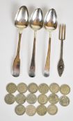43g of pre-1947 British silver sixpences, together with three likely continental silver spoons and a