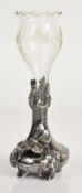 WMF Art Nouveau vase with etched glass top, silver plated base and applied butterfly, overall height