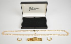 A single strand of faux pearls with silver clasp, earrings and a Rennie Mackintosh watch