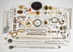 A collection of jewellery including Art Deco necklaces, four pairs of Art Deco earrings, Victorian