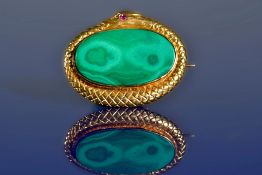 Victorian 18ct gold brooch in the form of a serpent, set with a malachite cabochon to the centre and