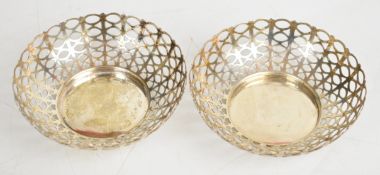 Pair of George V hallmarked silver bon bon dishes with pierced decoration, Birmingham 1922, maker