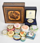 Tunbridge ware box with hinged lid, Halcyon Days, Crummles and Staffordshire Enamels pill boxes etc