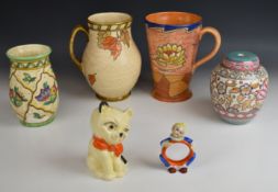 Art Deco ceramics including Charlotte Rhead, Burleigh Ware jug signed Bennett, Crown Devon comical