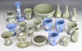 Wedgwood pale blue and green Jasperware including trinket / pin dishes, vases, oval platter,