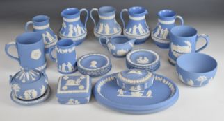 Wedgwood pale blue Jasperware including trinket / pin dishes, jugs, tankards etc, approximately