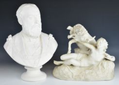 19thC Parian recumbent figure with ram and a Parian bust of Edward VII after the original by