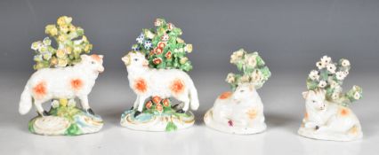 Four Chelsea / Derby or similar Staffordshire sheep figures, tallest 10cm